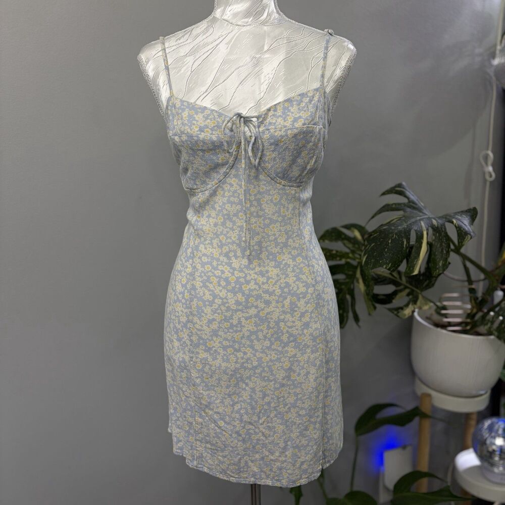 Aeropostale Blue Floral Linen Blend Bustier Smocked Mini Sundress Slit Ditsy L